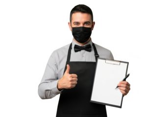 Waiter holding clipboard and giving thumbs up isolated on transparent background