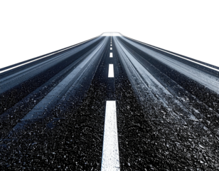 Perspective shot of a road with white lane markers and a black background