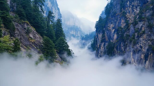 Fog creeping through narrow mountain pass, cinematic tension and layered atmosphere