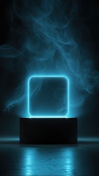 Vibrant photo of Blue neon square frame on black pedestal with smoke in dark background, futuristic stage or product display.