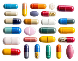 Assortment of diverse medication capsules, pills, and tablets, with varied colors and shapes, on black background