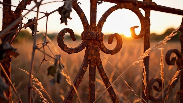 Rustic Charm Closeup of an Old Rusty Iron Gate at Sunset Bathed in Golden Light.