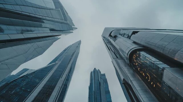 Futuristic metallic architecture under overcast sky, cold ambient lighting, cinematic realism with detailed reflections 