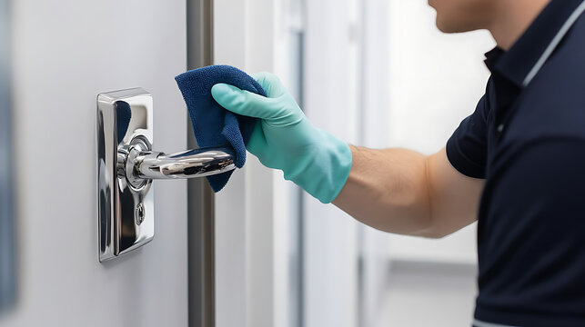 A person wearing a blue polo shirt and light blue gloves, is using a blue rag to clean the chrome door handle. Shiny surface reflecting in a clean and sterile environment.