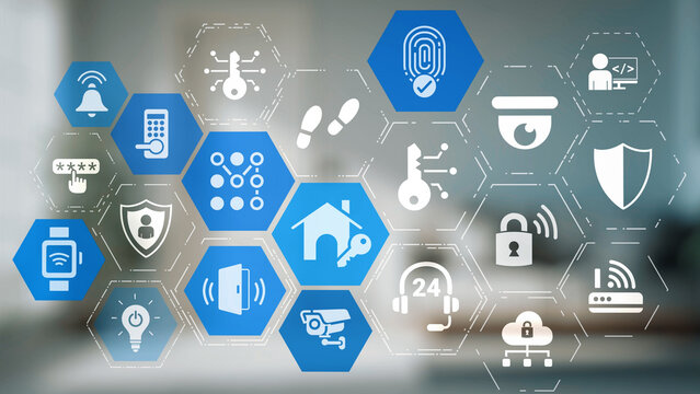 Home security icons show smart home, surveillance, and safety devices. Home security ensures monitoring, home security protection, and smart access. Gist