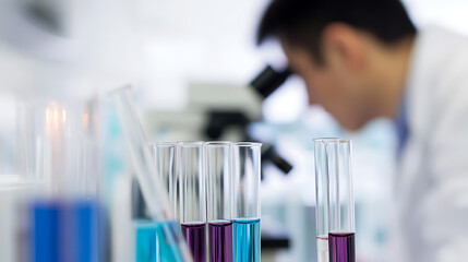 Scientist focused on microscope, test tubes with colored liquids in foreground. Research setting with equipment. Laboratory work and scientific exploration are featured.