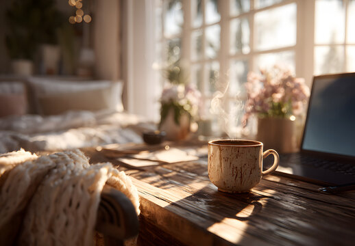 A cozy workspace with a coffee cup and laptop in soft afternoon light