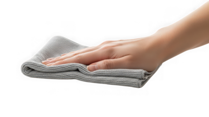Hand holding a folded gray microfiber cloth isolated on transparent background