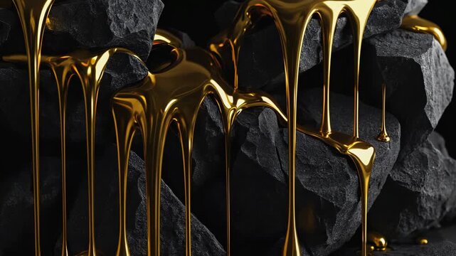 Liquid Gold Pouring Over Black Stone with Cinematic Macro Flow Realism 4K