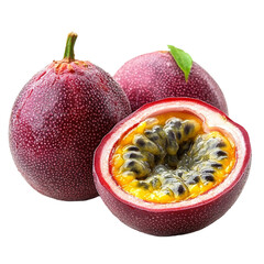 Three passion fruits, one cut open