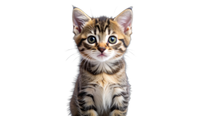 A captivating close-up portrait of a striped tabby kitten against a solid black background.