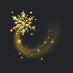 Obraz premium Magic Christmas snowflake with a sparkling glitter trail on a dark background. Vector illustration featuring a glowing star dust wave, shimmering light particles