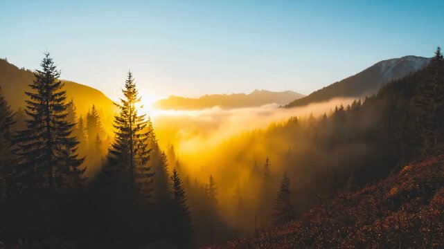 Mist Filled Valley at Dawn with Sun Rays Piercing Through Pine Trees 4K