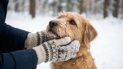 Close up of hands in knit mittens holding a golden dog's snow covered face in a winter forest