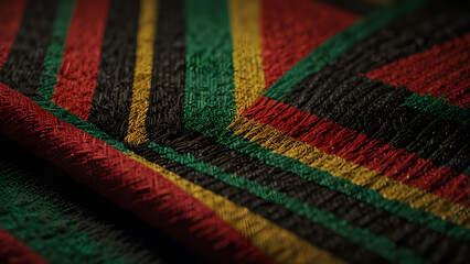 Red green yellow and black patterned fabrics are displayed on textured woven material cultural and traditional. Culture concept 