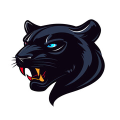 Aggressive black panther head side view with glowing blue eyes and open mouth showing sharp fangs vector illustration for sports mascot or esports logo design concept on white background