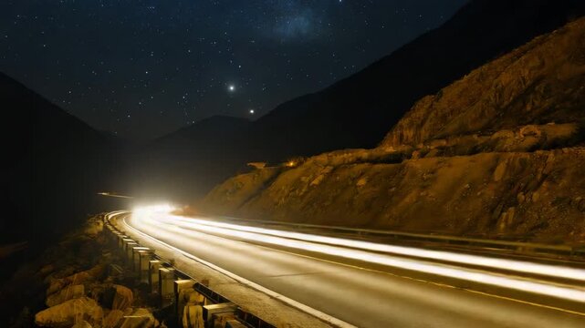 Nighttime Mountain Highway with Long Exposure Car Light Trails and Starry Sky 4K