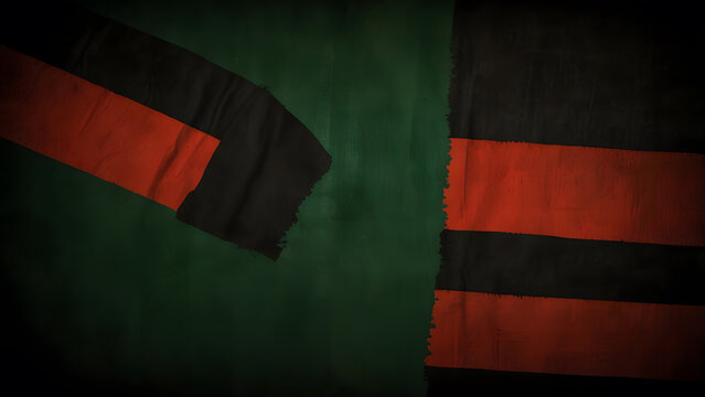 Red green yellow and black patterned fabrics are displayed on textured woven material cultural and traditional. Culture concept 