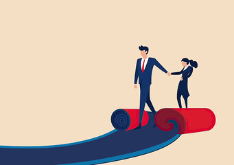 Fototapeta premium Businessman leading businesswoman walking on unrolled red carpet pathway symbolizing career progression guidance team support and professional success concept flat vector illustration