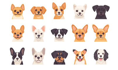 Fototapeta premium Collection of diverse small dog breed faces icons in flat minimalist vector style with cartoon expression and various dog colors and ears shapes isolated on white background