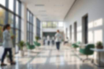 Blurred medical office background for web header or banner. A clean clinic interior with Gaussian blur, light effect, and blurry bokeh. Perfect abstract design for a healthcare poster.