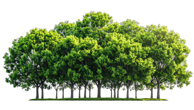 A dense row of vibrant green deciduous trees with bright sunlight filtering through the canopy against a solid black background. - Powered by Adobe
