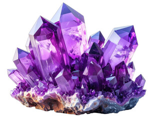 Fototapeta premium A striking cluster of vibrant purple amethyst crystals illuminated against a stark black background.