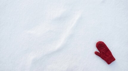 Single red knitted mitten lost in a vast expanse of white pristine snow, minimalist winter clothing concept.