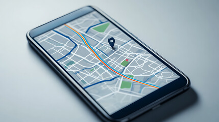 A mobile phone displays a map with a location pin, guiding users through urban streets and green spaces, providing easy navigation for city exploration and discovery.