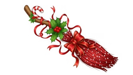 Christmas candy cane decoration with holly and ribbon isolated on transparent background