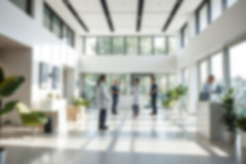 Obraz premium Blurred medical interior background for web header, banner or poster. Features a modern clinic foyer with daylight, Gaussian blur and blurry bokeh for a professional healthcare business design