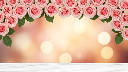 A captivating display of romantic roses forming an elegant arch, with soft bokeh background and marble surface. It evokes feelings of love, elegance, and beauty.  valentines day wallpaper background