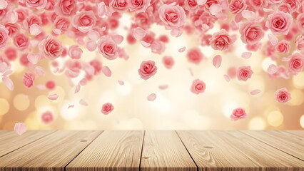 A romantic scene of pink roses falling gently from above, with wooden table,creating a beautiful floral display. Ideal for design, decoration or event invitation. valentines day wallpaper background