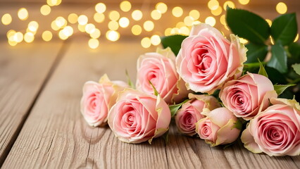 A breathtaking composition of delicate, soft-pink roses on a rustic wooden surface, illuminated by the gentle glow of warm fairy lights. valentines day wallpaper background