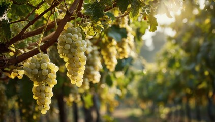 Vibrant photo of Rows of ripe green grapes hanging from vines in a sunny vineyard during harvest season