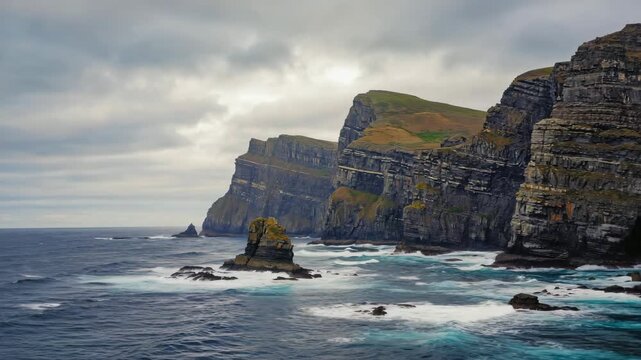 Cinematic Seaside Cliffs under Overcast Gray Sky with Moody Coastal Atmosphere 4K
