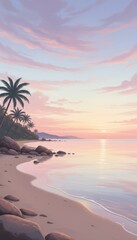 Fototapeta premium Serene Tropical Beach Sunset Illustration with Palm Trees and Soft Pink Clouds on a Sandy Shore