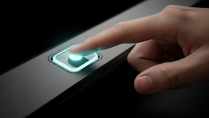 Hand Interaction with Modern Button in Dark Environment, Digital Content, Close-Up View of Control Mechanism