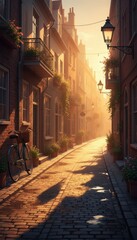 Fototapeta premium Serene European Cobblestone Alley at Golden Hour with Vintage Bicycle and Floral Balconies