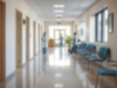 Blurred medical interior background for web header, banner or poster. Features a modern clinic foyer with daylight, Gaussian blur and blurry bokeh for a professional healthcare business design