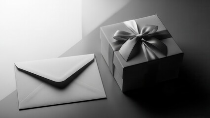 A gift box and envelope in monochrome lighting for a special occasion