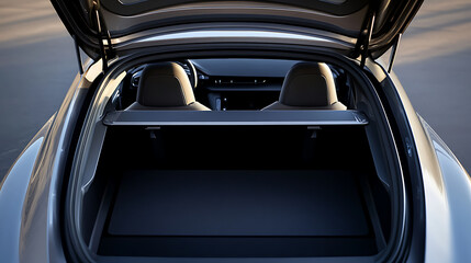 Open trunk of a modern vehicle with leather seats visible, offering ample storage space. Clean design, showcasing practicality & style. Perfect for road trips and daily needs.