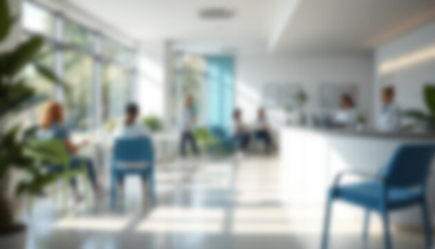 Blurred medical background for web header or banner. Features a modern interior medical center with soft Gaussian blur, daylight, and blurry bokeh design for a professional poster.