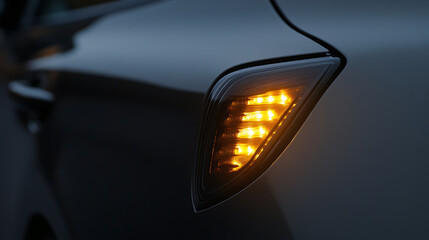 Illuminated car turn signal glowing brightly. This lighting fixture is casting a warm light against a dark car body, emphasizing safety and visibility at night. Modern design, clear indication.