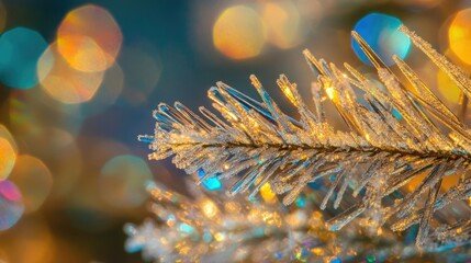 A close-up focus of frost-covered pine needles