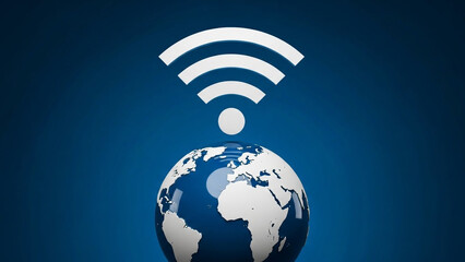 Global Wi-Fi connectivity symbol on earth in minimalist style with blue gradient and white elements for technology