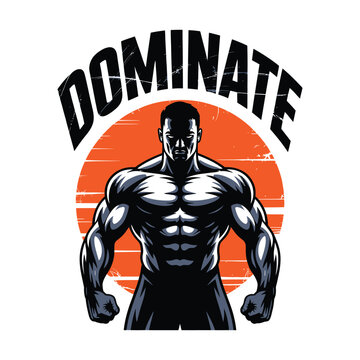 Dominate Fitness Motivation Design with Bodybuilder Silhouette and Orange Sun Background Vector.