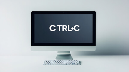 Close-up shot of a desktop computer displaying the "CTRL+C" text, emphasizing copy function. Minimalist style on a clean, white surface with a sleek keyboard.