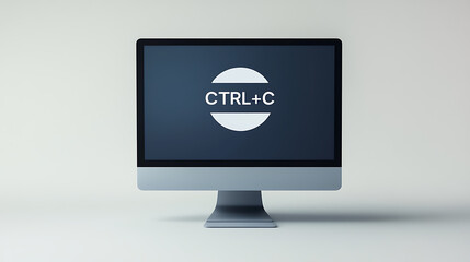 Sleek computer monitor displays "CTRL+C" on a dark screen. A digital device sits centered against a neutral background, symbolizing copy & paste. A modern workspace.
