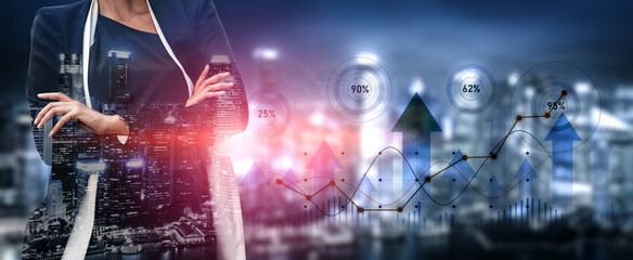 A confident businesswoman stands in a modern cityscape at dusk, with financial growth depicted through graphs and statistics, symbolizing empowerment and professional success. Scalp